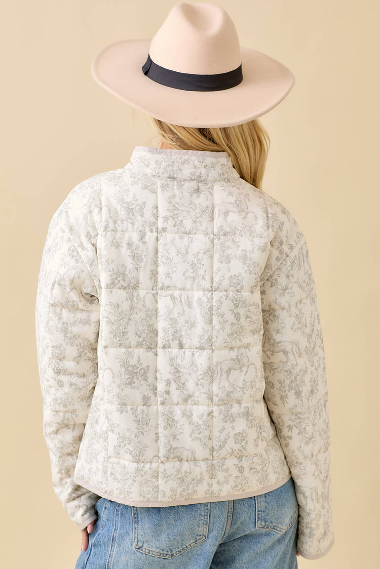 Vintage Print Quilted Padded Jacket With Binding Detail