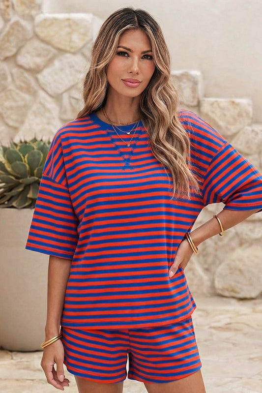 Stripe Dropped Shoulder Tee Loose 2pcs Short Set