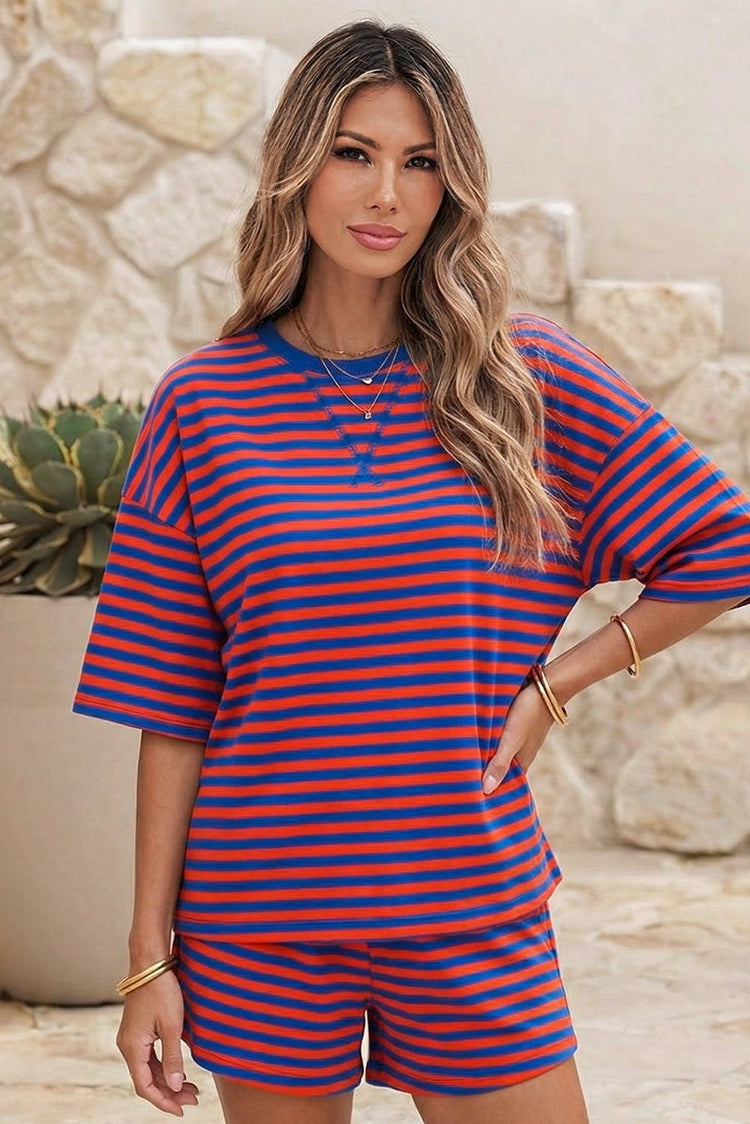 Stripe Dropped Shoulder Tee Loose 2pcs Short Set
