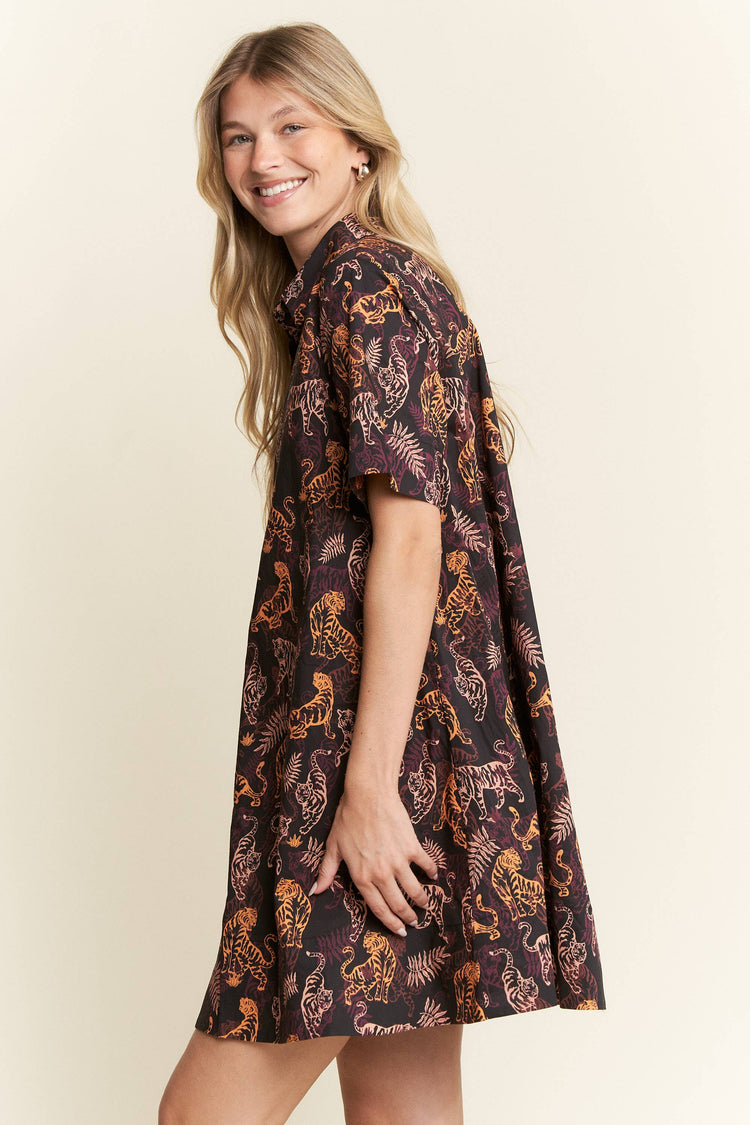 COLLARED TIGER PRINT MINI DRESS