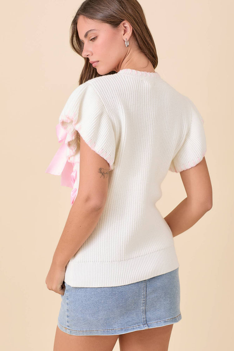 Ribbon Detail Flutter Sleeve Knit Top