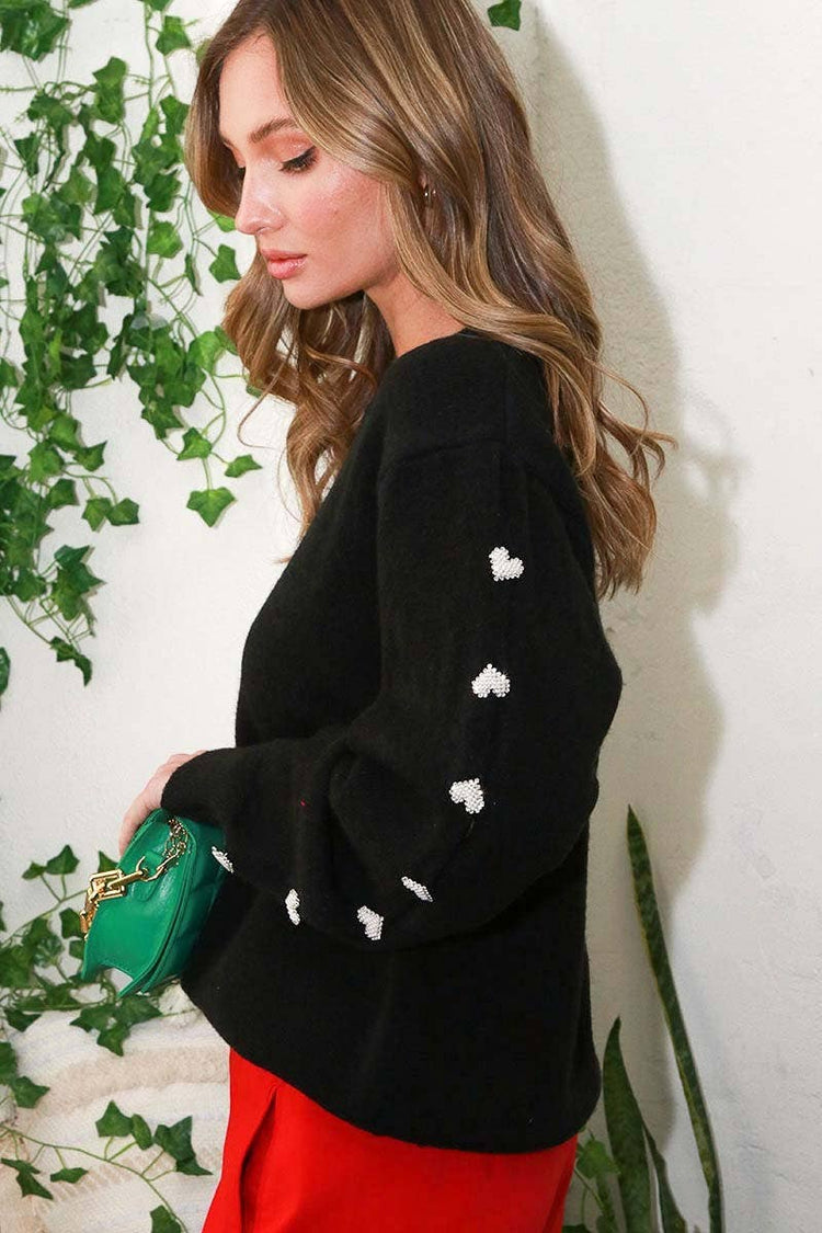 Heart Shaped Jeweled Button Detail Knitted Sweater
