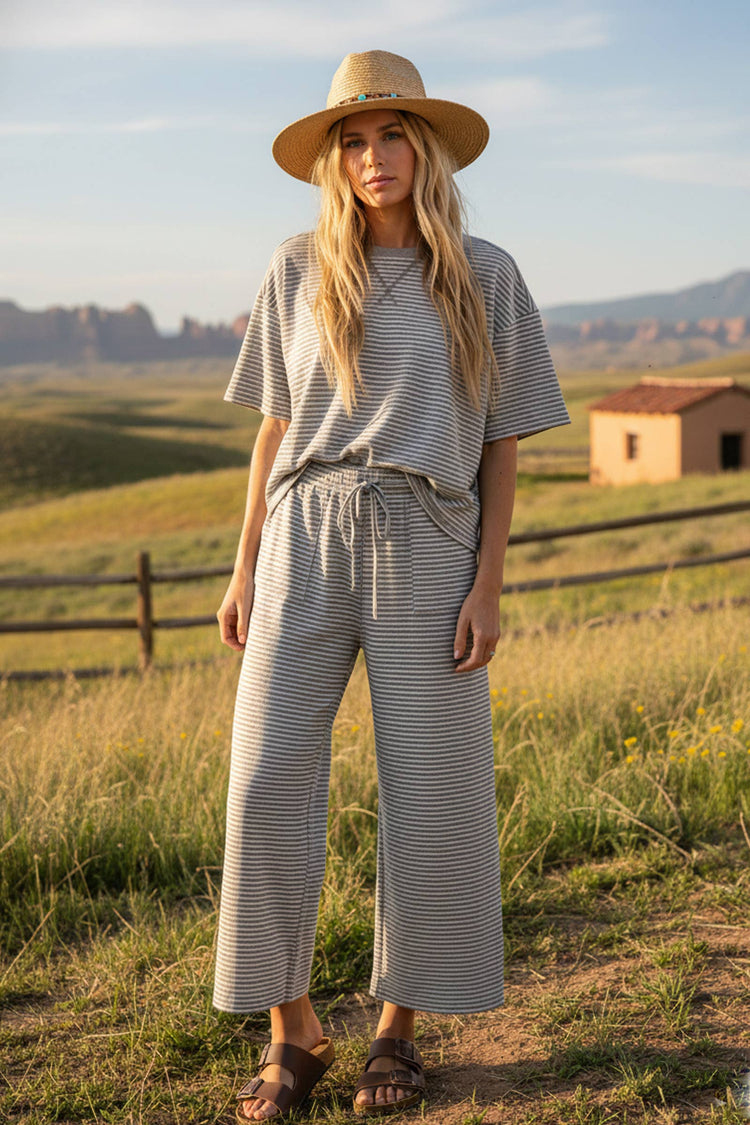 Striped Knit Top and Pants Set: Grey/white
