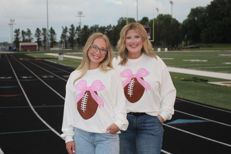 Long Sleeve Crewneck With Ribbon Bow Football Patchwork
