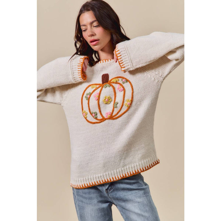 PUMPKIN FLORAL EMBROIDERED THANKSGIVING SWEATER