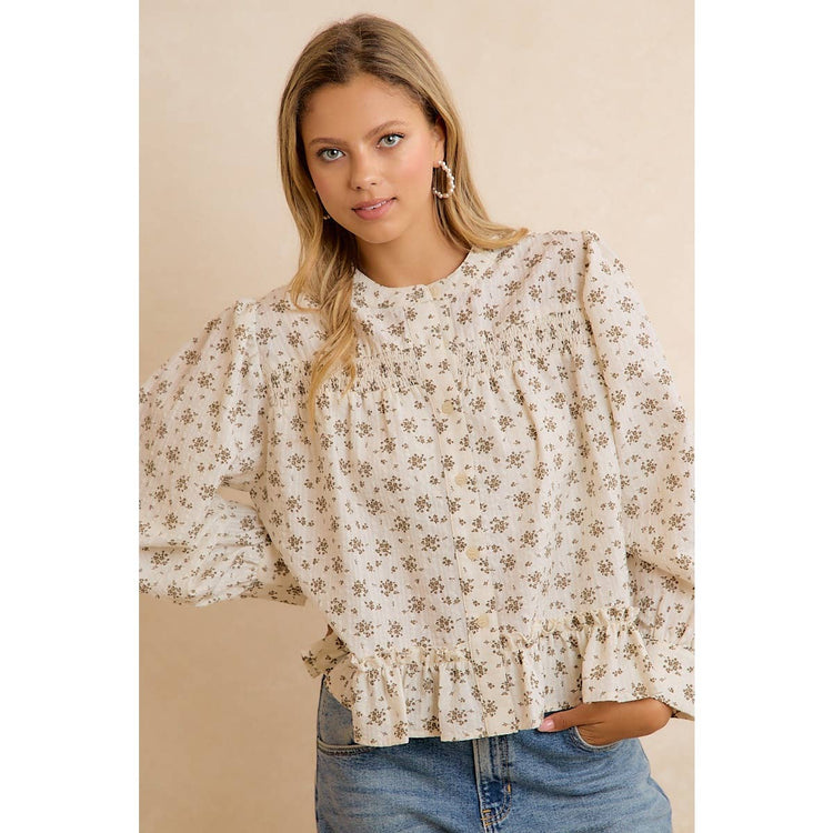 VINTAGE FLORAL SMOCKED BUTTON DOWN PEPLUM BLOUSE: OATMEAL