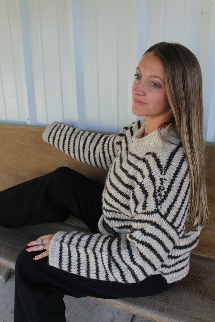 STRIPE ROLLED EDGE DETAIL LONG SLEEVE KNIT SWEATER