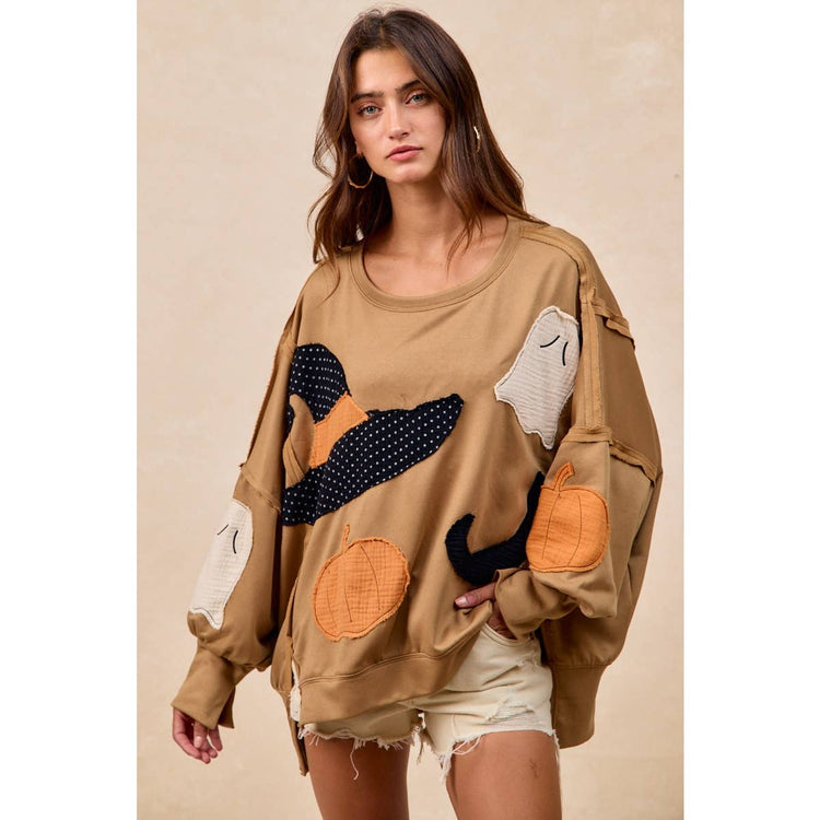HALLOWEEN THEME PATCHWORK FRENCH TERRY SWEATSHIRT