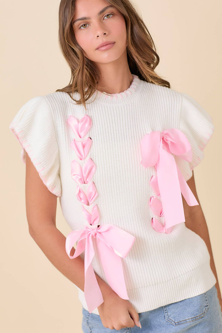 Ribbon Detail Flutter Sleeve Knit Top
