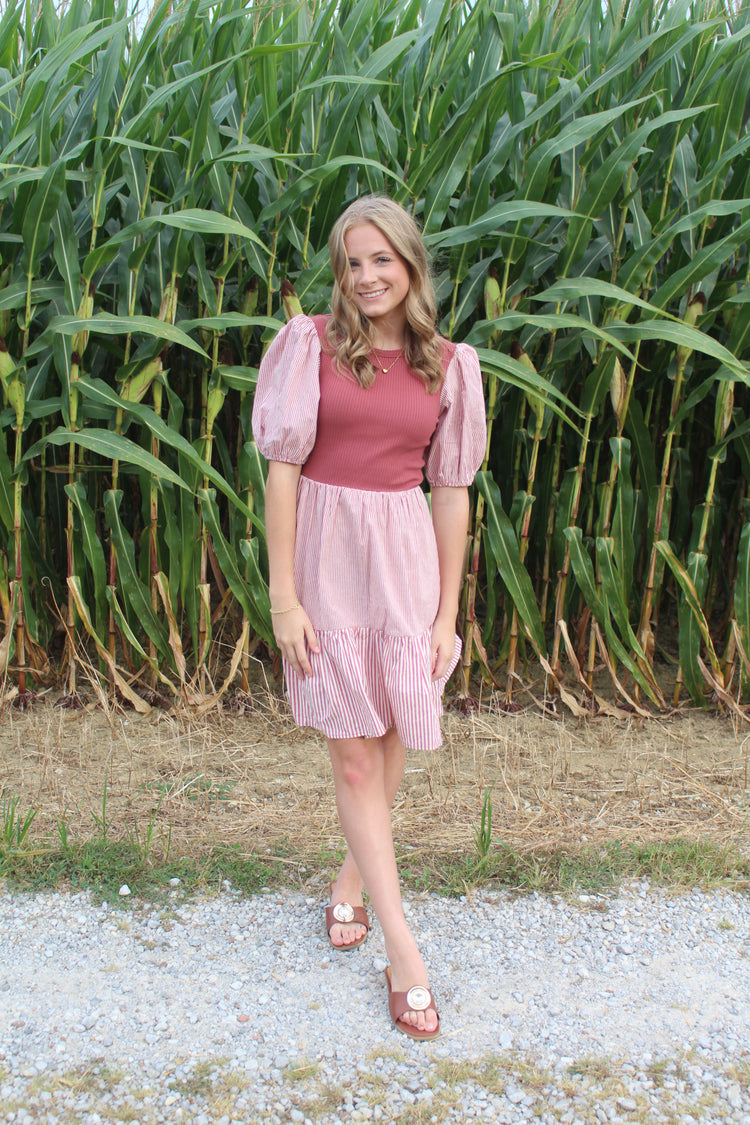 Short Sleeve Ribbed and Striped Dress