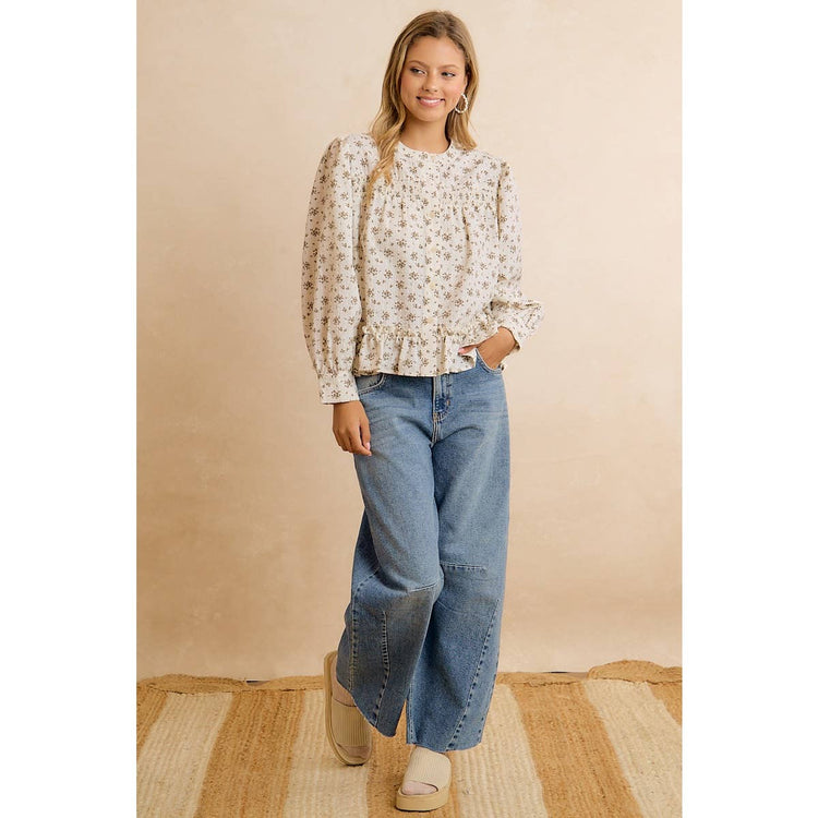 VINTAGE FLORAL SMOCKED BUTTON DOWN PEPLUM BLOUSE: OATMEAL