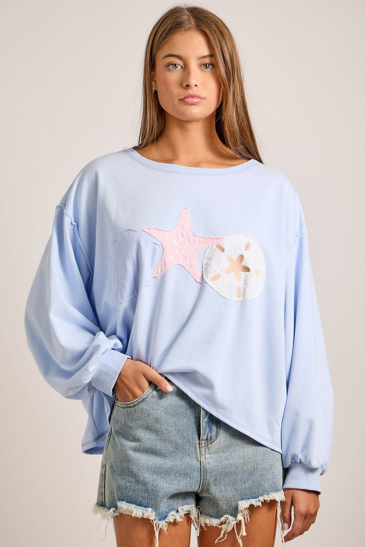 Boat Neck Long Sleeve Top With Seashell Patchwork