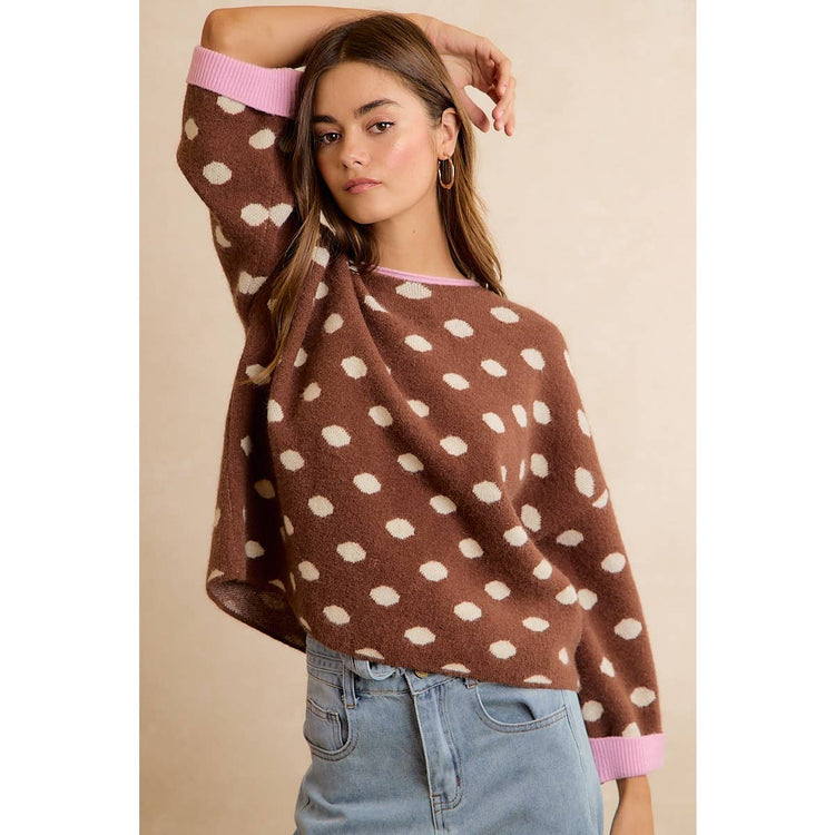 CONTRAST NECK AND ROLL UP DETAIL POLKA DOT SWEATER: MOCHA/BLUSH