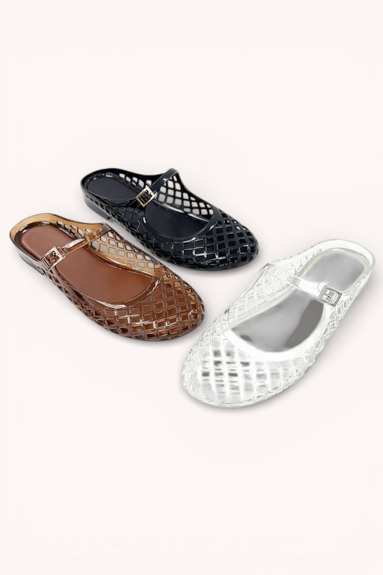POSIE TRENDY LATTICE JELLY MARY JANE STRAP SLIDE FLAT SLIP