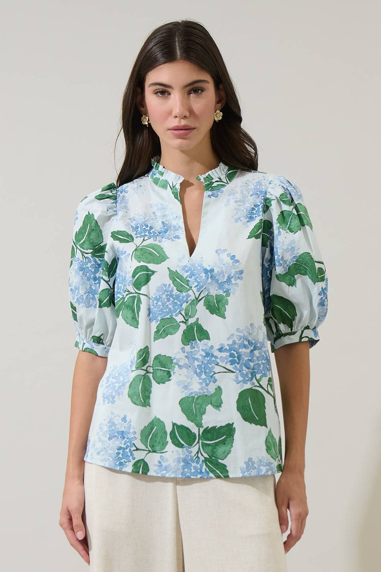 Mirla Floral Terri Puff Sleeve Top: BLUE-GREEN-MUL