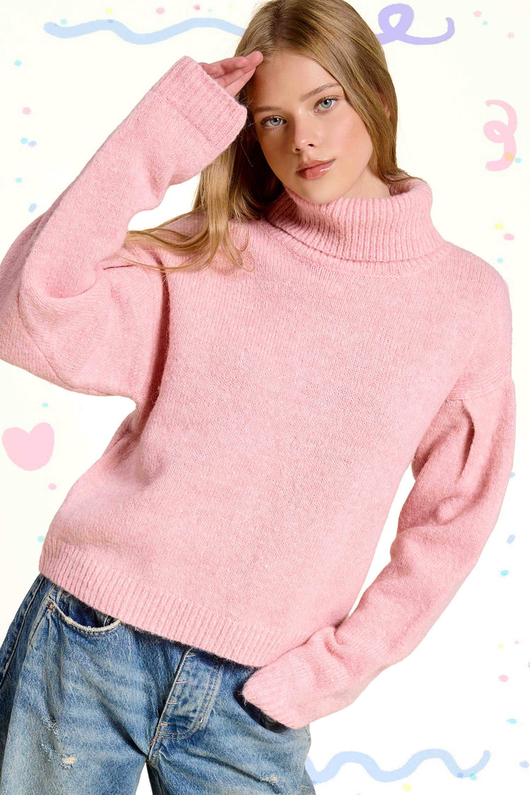 Loose Fit Turtleneck Pin-tuck Long Sleeve Sweater: Strawberry Milk