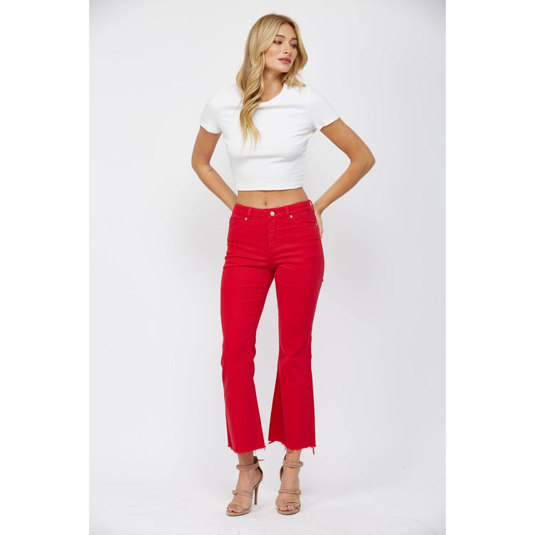 HIGH RISE ANKLE FLARE JEAN - HUSKER RED