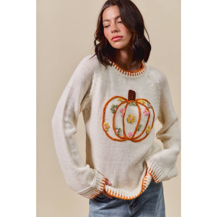 PUMPKIN FLORAL EMBROIDERED THANKSGIVING SWEATER