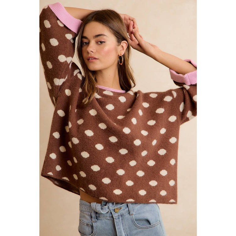 CONTRAST NECK AND ROLL UP DETAIL POLKA DOT SWEATER: MOCHA/BLUSH