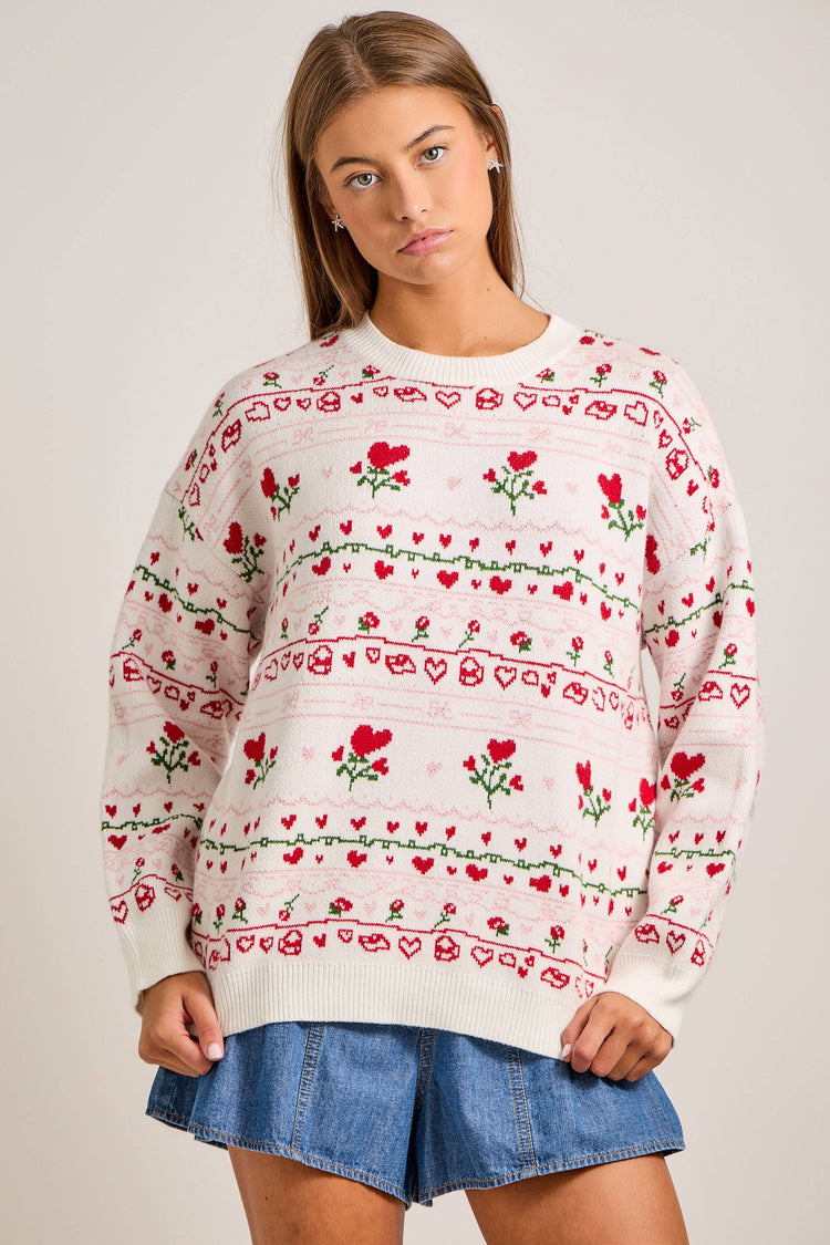 All overr heart-and-rose jacquard sweater knit top
