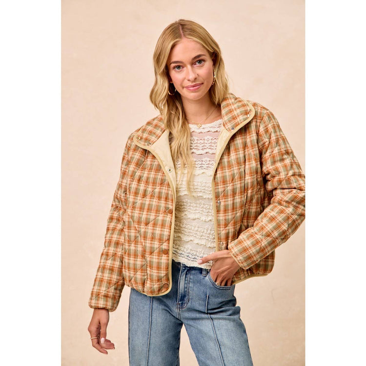 VINTAGE PLAID PIPING DETAIL QUILTED JACKET