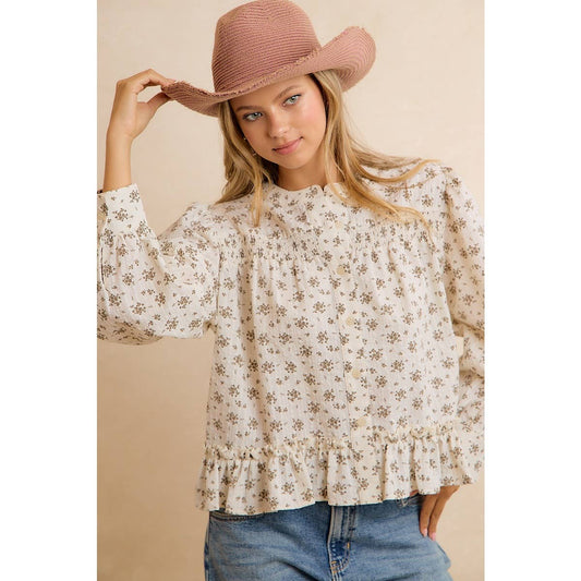VINTAGE FLORAL SMOCKED BUTTON DOWN PEPLUM BLOUSE: OATMEAL