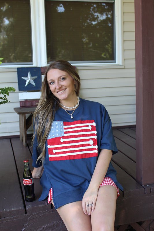 Boxy Wide Short Sleeve Top With American Flag Patchwork