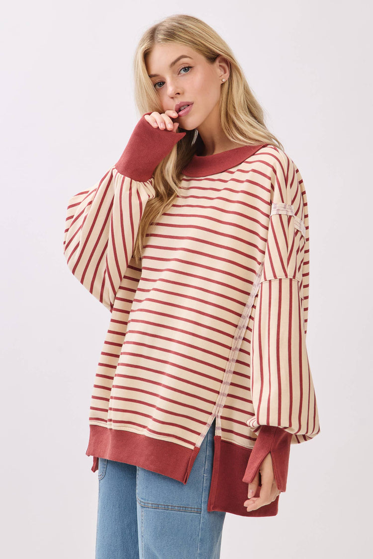 Striped Balloon Sleeve Terry Sweatshirt