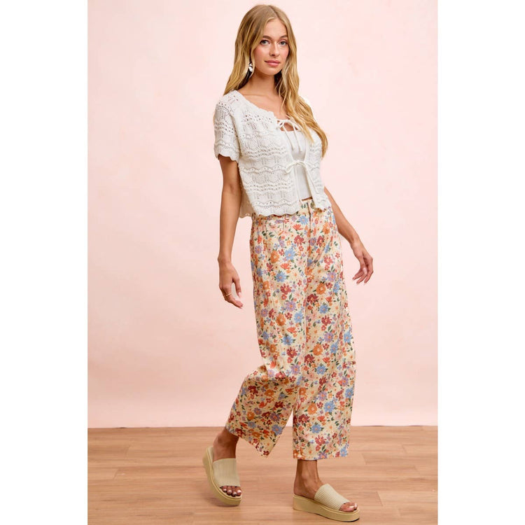 WASHED FLORAL PRINTED TWILL BARREL PANTS