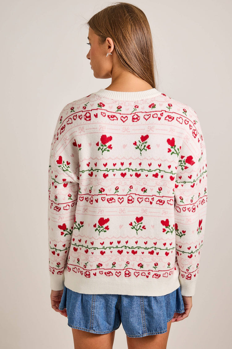All overr heart-and-rose jacquard sweater knit top