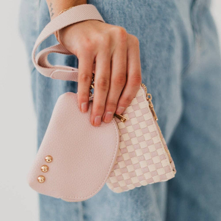Wonderlust Woven Dual Pouch Wristlet Wholesale: Blush Checkered