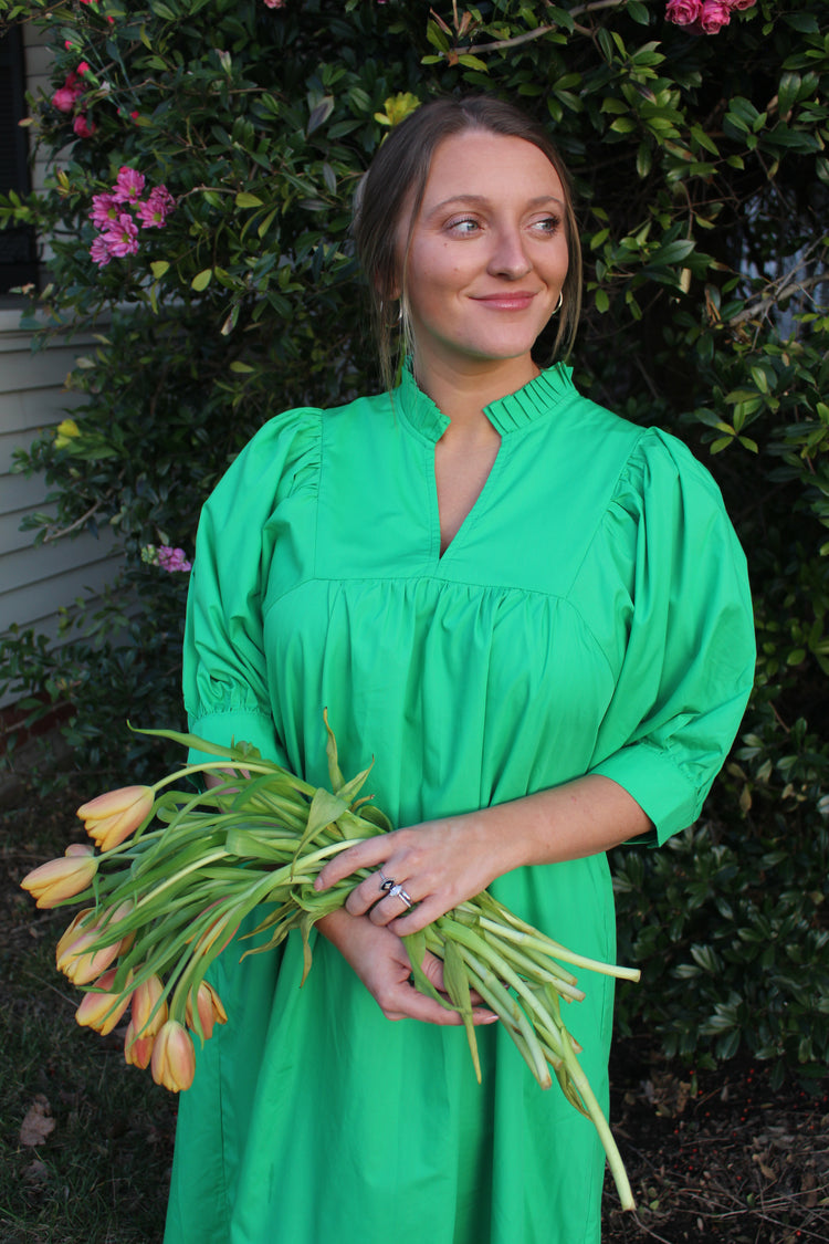 Solid Puff Sleeve Midi Dress