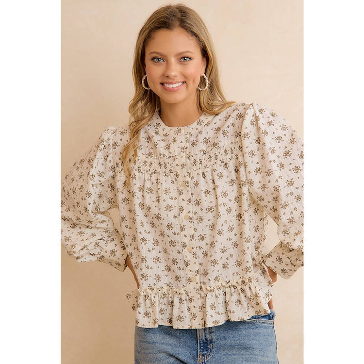 VINTAGE FLORAL SMOCKED BUTTON DOWN PEPLUM BLOUSE: OATMEAL