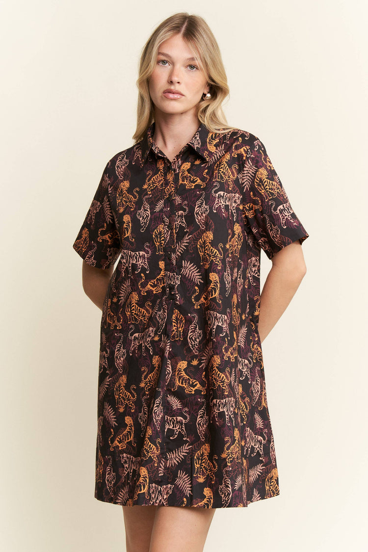 COLLARED TIGER PRINT MINI DRESS