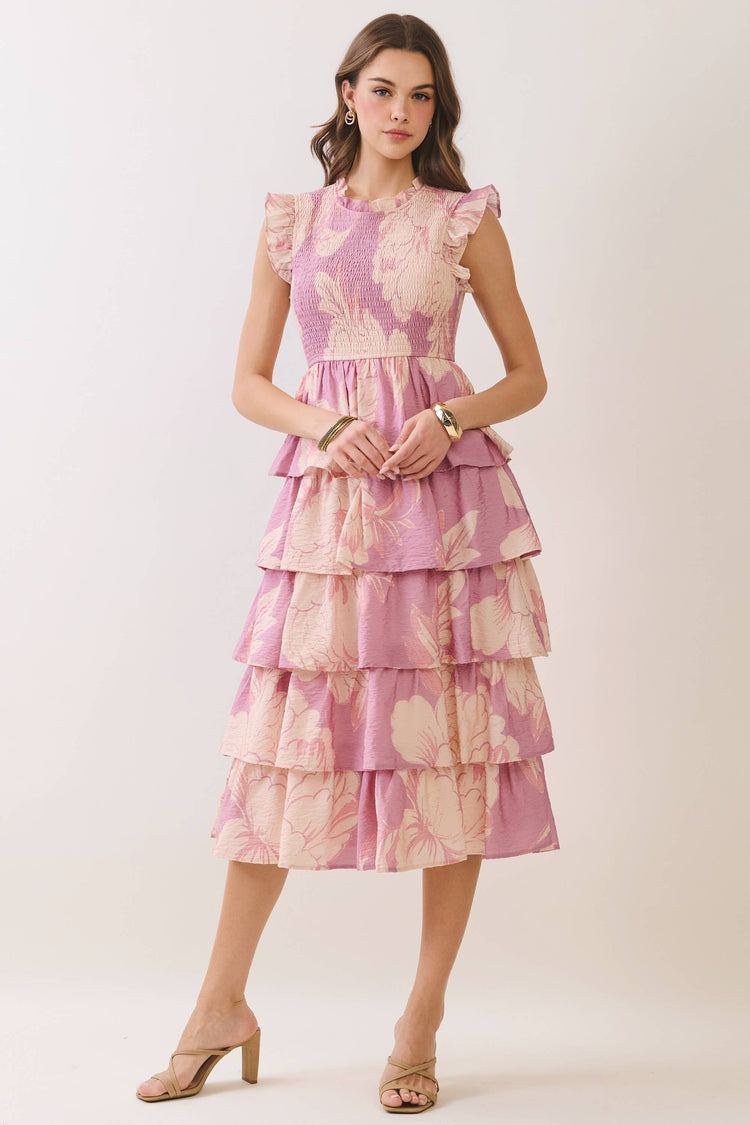 Floral Smocked Bodice Tiered Ruffle Midi Dress