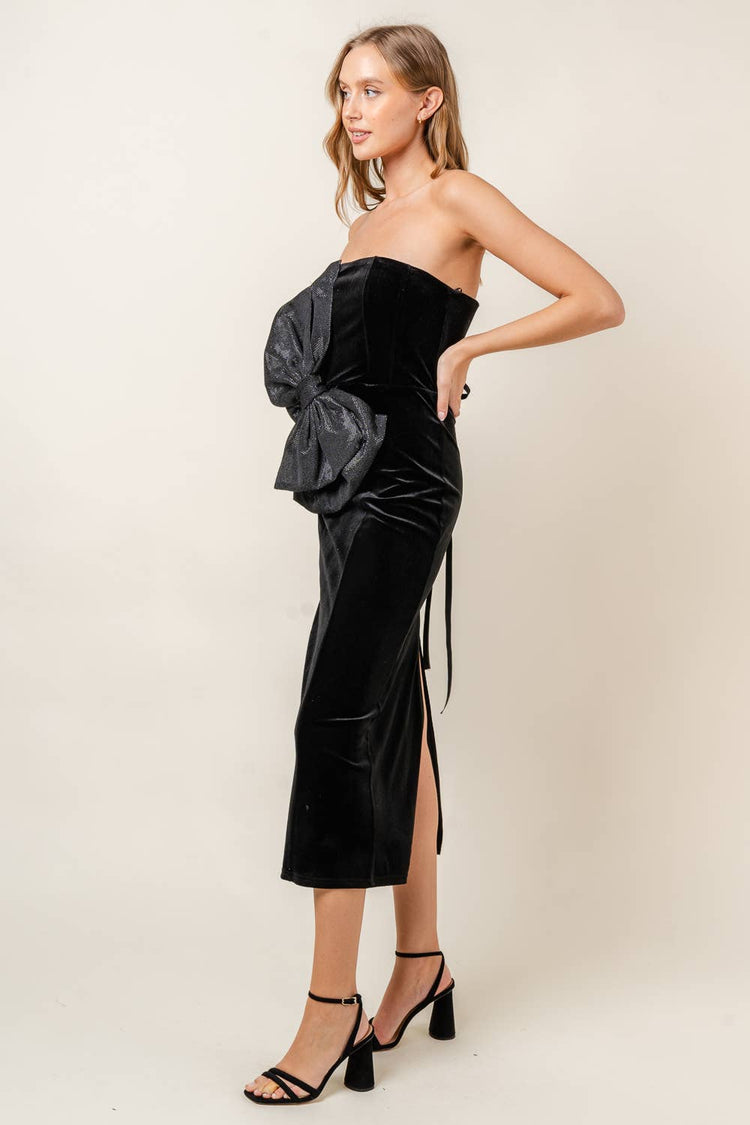 PARTY DRAMATIC BOW VELVET LACEUP TUBE MIDI DRESS