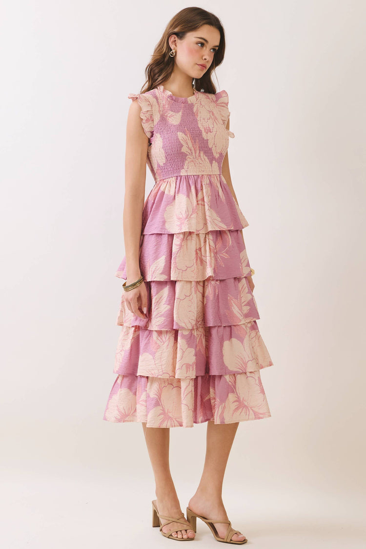 Floral Smocked Bodice Tiered Ruffle Midi Dress