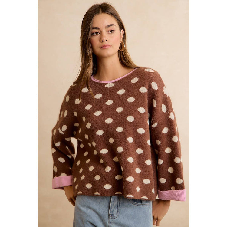 CONTRAST NECK AND ROLL UP DETAIL POLKA DOT SWEATER: MOCHA/BLUSH