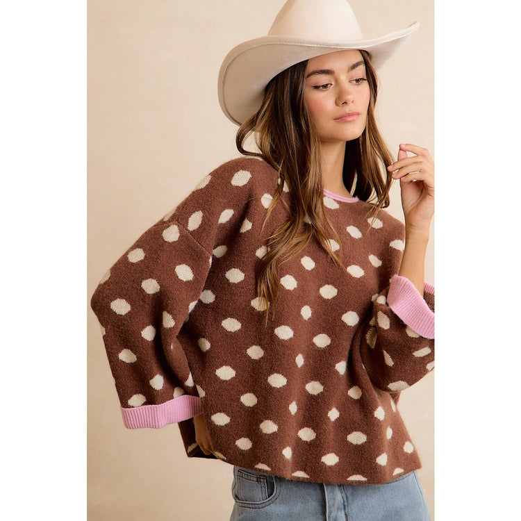 CONTRAST NECK AND ROLL UP DETAIL POLKA DOT SWEATER: MOCHA/BLUSH