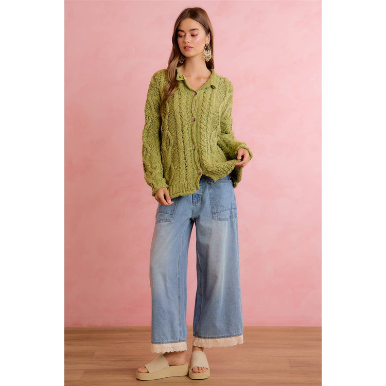 CROCHET LACE TRIM RELAXED STRAIGHT WIDE LEG DEMIN JEANS