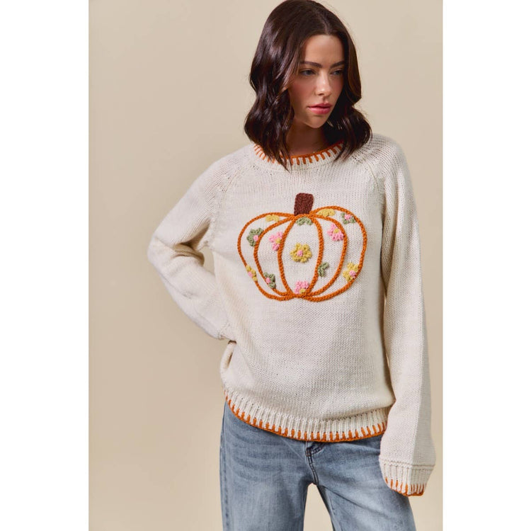PUMPKIN FLORAL EMBROIDERED THANKSGIVING SWEATER