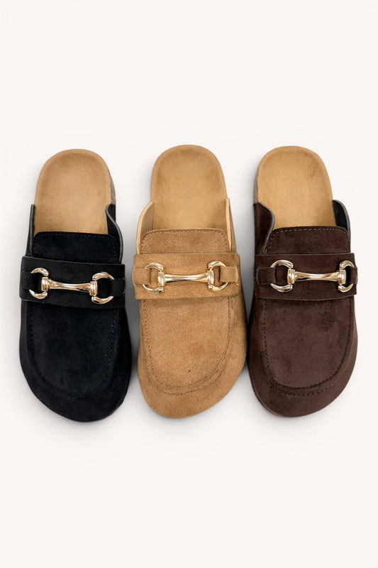 Suede Horsebit Moccasin Loafer Mule Slide Flats: DK CHOCOLATE