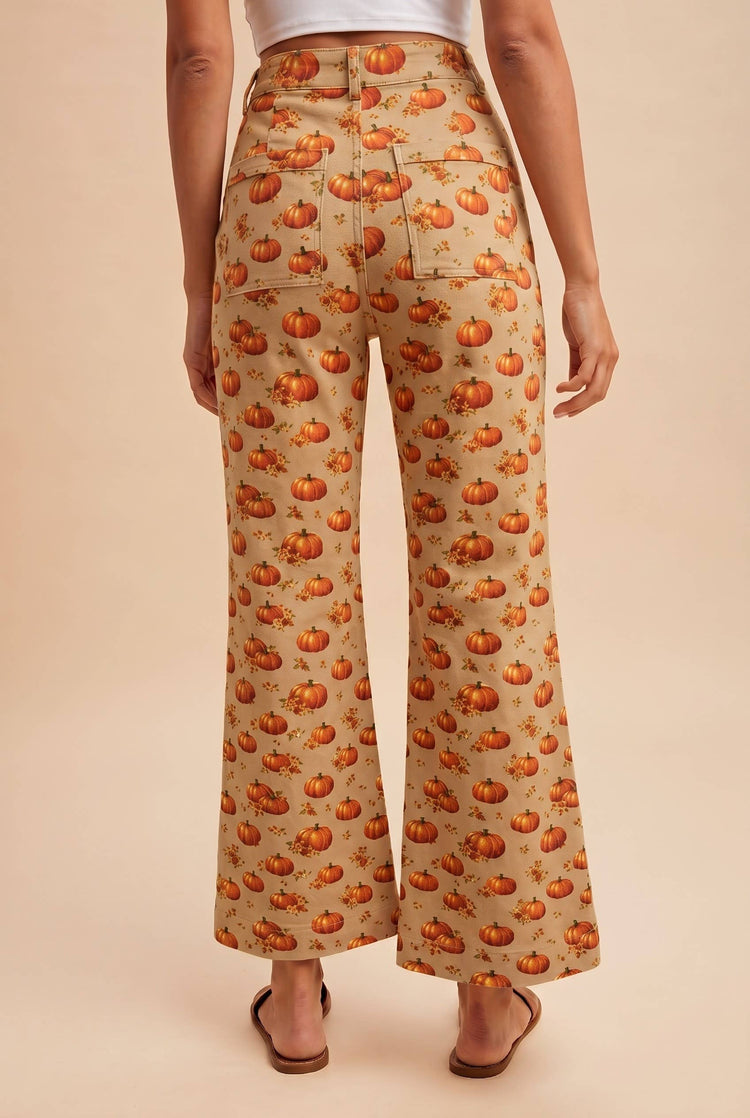 Halloween Pumpkin Printed Stretch Denim Flare Pants