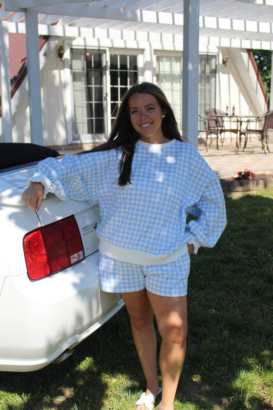Gingham Fuzzy Knit Lounge Set: Blue