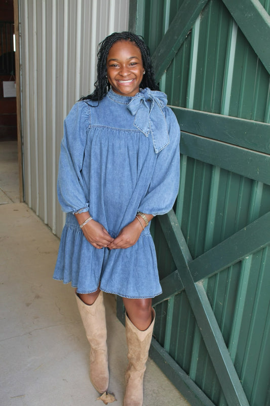 Acid Washed Bow Denim Mini Dress