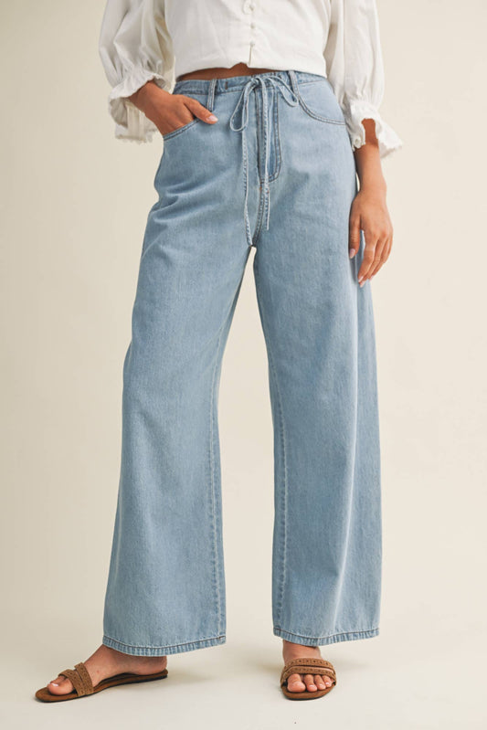 RELAXED DENIM PANTS WITH DRAWSTRING WAIST: WASHED DENIM