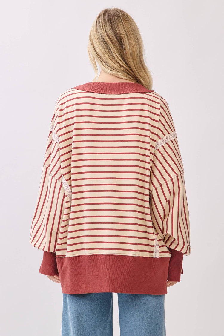 Striped Balloon Sleeve Terry Sweatshirt