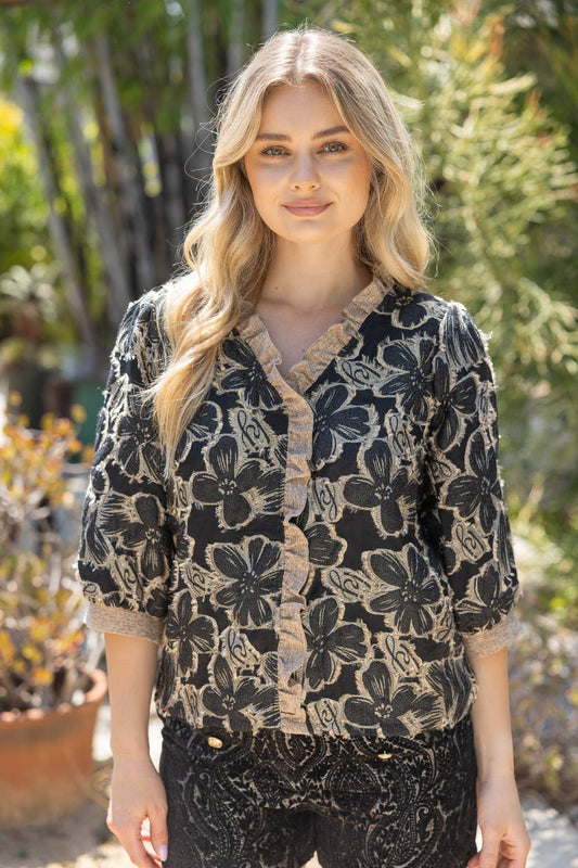 Contrast Ruffled V-Neck Floral Textured Top
