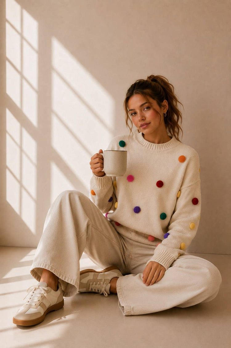 COLORFUL POM POM KNIT SWEATER