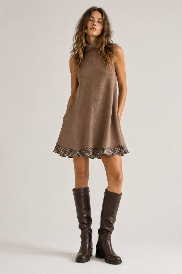 PLAID RUFFLE TURTLENECK MINI DRESS